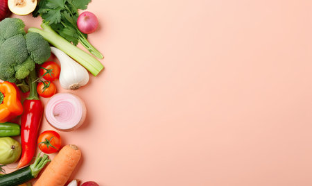 Top view vegetables on pink background. copyspace. Cooking ingredient - carrot, tomatoes, cucumber, pepper, broccoli, onion. Vegetarian organic food banner. Created with generative AI toolsの素材