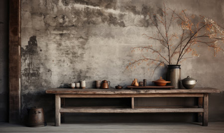 Wabi-sabi interior with vases on a shelf and table, capturing the essence of serene simplicity. Rustic wooden shelf displaying a curated collection of vases. Created with generative AI toolsの素材