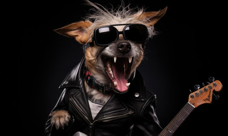 Punk dog in leather jacket rocking out with an electric guitar. Rockstar canine in sunglasses. Created with generative AI toolsの素材