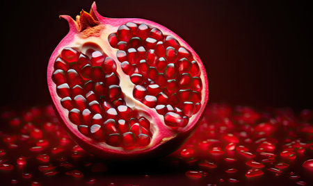 Macro shot of a glistening pomegranate, showcasing its vibrant red hue and water droplets. Ideal for health, nutrition, and gourmet food advertisements. Created with generative AI toolsの素材