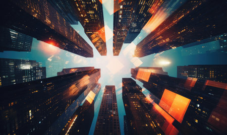 Kaleidoscopic view of skyscrapers, blending urban architecture with artistic flair. Mesmerizing patterns of city buildings. Created with generative AI toolsの素材