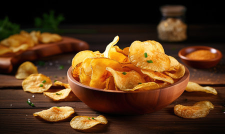 Golden potato chips in a wooden bowl on a dark background, perfect for snacking. Crispy chips served in a rustic bowl. Created with generative AI toolsの素材