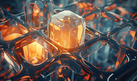 Mesmerizing close-up of a glass morphism effect with a soft glow, juxtaposed with a vivid orange element. Abstract cubes background. Created with generative AI toolsの素材