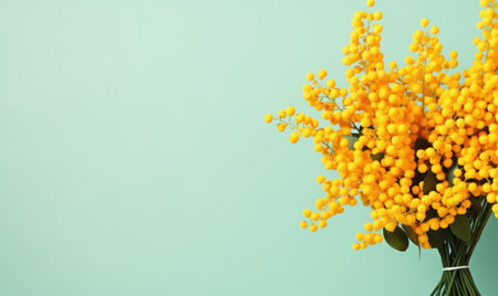 Vibrant bouquet of mimosa flowers against a lush green backdrop. Fresh yellow blossoms. Created with generative AI toolsの素材