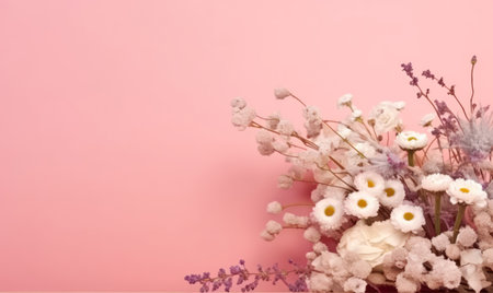 Tranquil still life of white daisies in a vase against a soothing pink backdrop. Created with generative AI toolsの素材