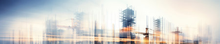 Bustling city with tall construction cranes, symbolizing urban renewal and progress. Blurred cityscape with multiple cranes. Created with generative AI toolsの素材
