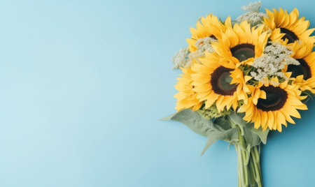 Vibrant bouquet sunflowers on pastel blue background. Created with generative AI toolsの素材