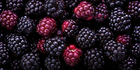 Vivid close-up of juicy blackberries, showing their deep purple hue and intricate detail. Created with generative AI toolsの素材