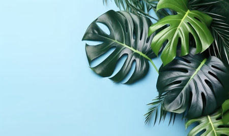 Tropical monstera leaves on a pastel blue background with empty copyspace. Jungle green leaf concept. flat lay. Created with generative AI toolsの素材
