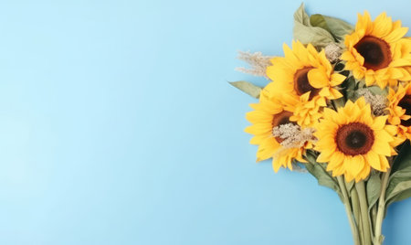 Vibrant bouquet sunflowers on pastel blue background. AI Generativeの素材