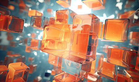 Abstract composition of vibrant orange and blue 3D cubes, creating a dynamic scene against a neutral background, blending art and reality, with glassmorphism style. AI Generativeの素材