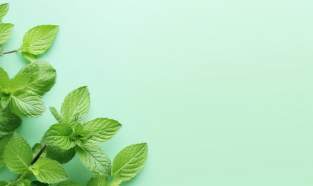 Fresh meadow mint leaves twig on a pastel green background with empty copyspace. Botanical herb concept. Flat lay. AI Generativeの素材