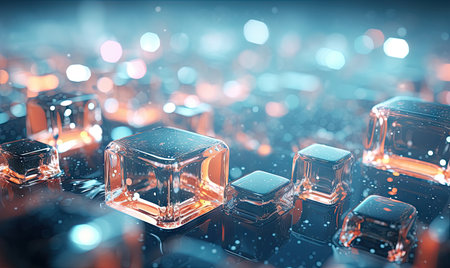 Vibrant composition of glistening ice cubes and glowing screen, showcasing contrast, coolness, and technological allure. AI Generativeの素材
