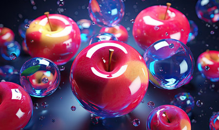 Abstract vibrant red apples with a glossy sheen are displayed against a striking black background, with some showing intriguing small bubbles on their surfaces. AI Generativeの素材