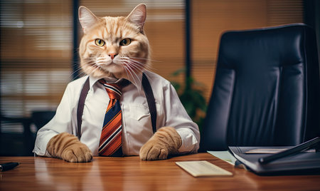 Dapper feline in a stylish suit sits working at an office desk. Business cat focused on a laptop in a sophisticated office setting. AI Generativeの素材