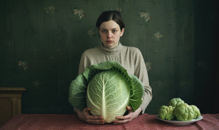 Young woman proudly displays a fresh big cabbage, her harvest in a sunlit kitchen. AI Generativeの素材