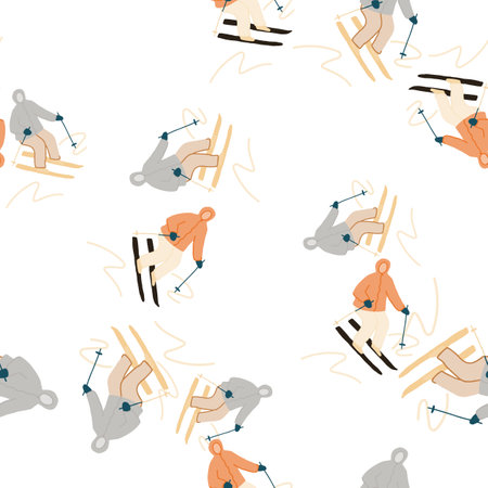 Winter sports seamless pattern. Skiers on the slope. For fabric design, textile print, wrapping paper, cover. vector illustrationのイラスト素材