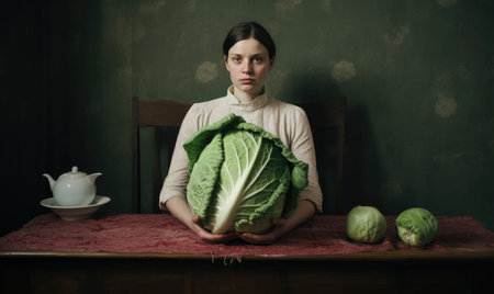 Young woman proudly displays a fresh big cabbage, her harvest in a sunlit kitchen. AI Generativeの素材