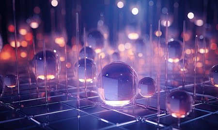 Captivating digital art of illuminated glass spheres on vivid background, creating a mesmerizing bokeh effect and futuristic vibe. AI Generativeの素材