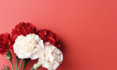 Elegant white and red carnations gracefully arranged against a vibrant red background, symbolizing purity and contrast. AI Generativeの素材