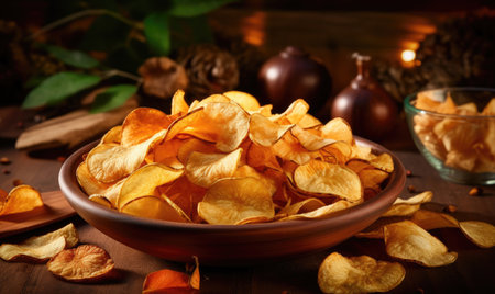 Golden potato chips in a wooden bowl on a dark background, perfect for snacking. Crispy chips served in a rustic bowl. AI Generativeの素材