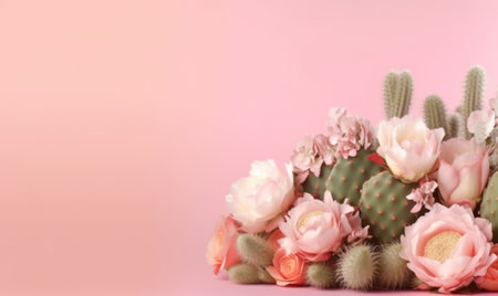 Delightful floral and cacti display, blending vibrant colors and forms on pink. AI Generativeの素材