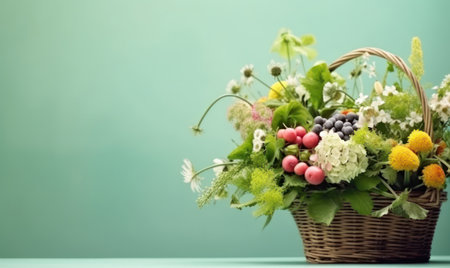 A wicker basket overflows with delicate flowers and luscious berries against a pink backdrop. AI Generativeの素材