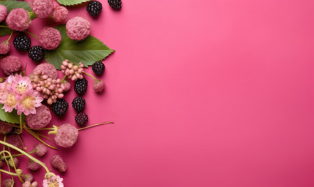 Blackberries and flowers create a tranquil and elegant scene on a pink canvas. AI Generativeの素材