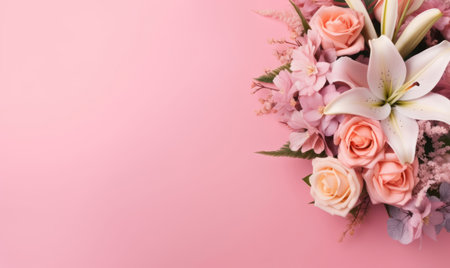 Elegant bouquet of pink and white lilies against a soft pink backdrop, radiating serenity. AI Generativeの素材