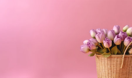 Elegant arrangement of lush purple tulips in a delicate wicker basket. AI Generativeの素材