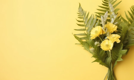 Yellow flowers and green ferns artistically placed against a vibrant yellow backdrop. AI Generativeの素材