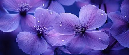 Close-up of dew-kissed purple flowers, capturing the delicate beauty of nature in full bloom. AI Generativeの素材