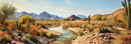 Desert oasis bursting with springtime bloom and vibrant flora. AI Generativeの素材