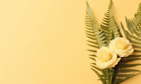 Yellow flowers and green ferns artistically placed against a vibrant yellow backdrop. AI Generativeの素材