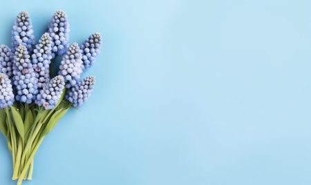 Vibrant bunch of purple hyacinths against a vivid blue backdrop, symbolizing spring's bloom. A captivating flower arrangement. AI Generativeの素材