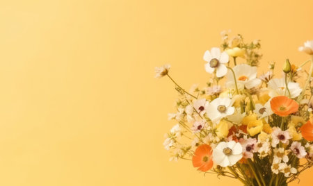 A vibrant bouquet of assorted flowers against a bright yellow backdrop. AI Generativeの素材