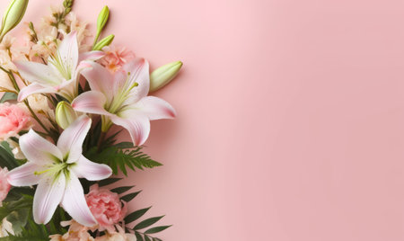 Elegant bouquet of pink and white lilies against a soft pink backdrop, radiating serenity. AI Generativeの素材
