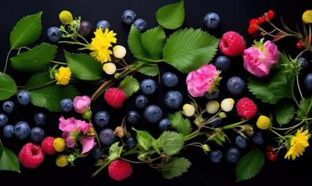Blueberries and raspberries with yellow blossoms on a black background. AI Generativeの素材