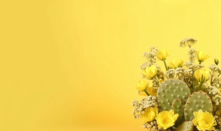 Joyful still life of a lively flower bouquet and cacti illuminated by a yellow setting. AI Generativeの素材