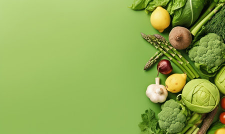 A lively display of fresh, colorful vegetables and fruits showcasing a healthy variety. AI Generativeの素材
