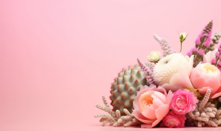 Delightful floral and cacti display, blending vibrant colors and forms on pink. AI Generativeの素材