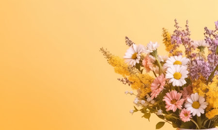 A vibrant bouquet of assorted flowers against a bright yellow backdrop. AI Generativeの素材