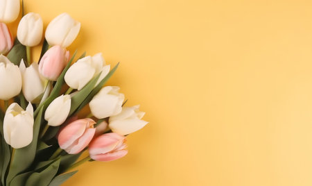 A cluster of white tulips blooms harmoniously, creating a striking, joyful springtime image. AI Generativeの素材