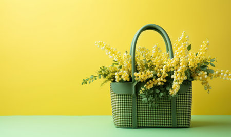 Delicate mimosa flowers elegantly presented in a basket. AI Generativeの素材