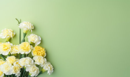 Elegant carnations in full bloom, presenting a harmonious blend of yellow and white hues, symbolizing love and admiration. AI Generativeの素材