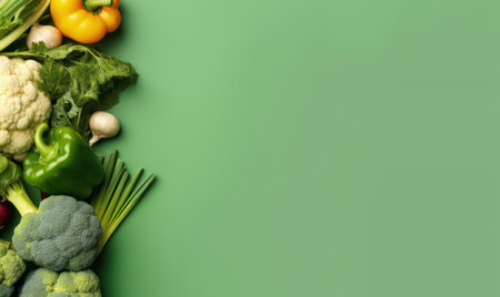 A lively display of fresh, colorful vegetables and fruits showcasing a healthy variety. AI Generativeの素材