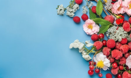 Artistic arrangement of fruits and flowers on a contrasting blue background. AI Generativeの素材