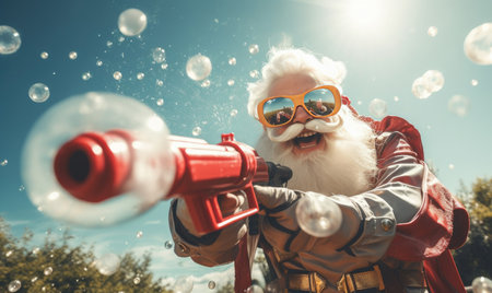 Santa Claus in a playful mood, using a bubble gun to create soap bubbles. AI Generativeの素材