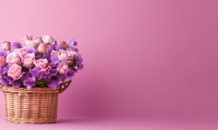 Vibrant pink and purple flowers in a brown wicker basket against a plain pink backdrop. AI Generativeの素材