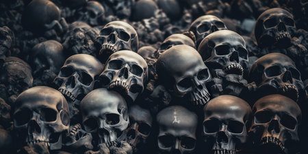 Eerie close-up of spook mountain skulls with haunting expressions. Detailed macro shot of creepy skull formations. AI Generativeの素材